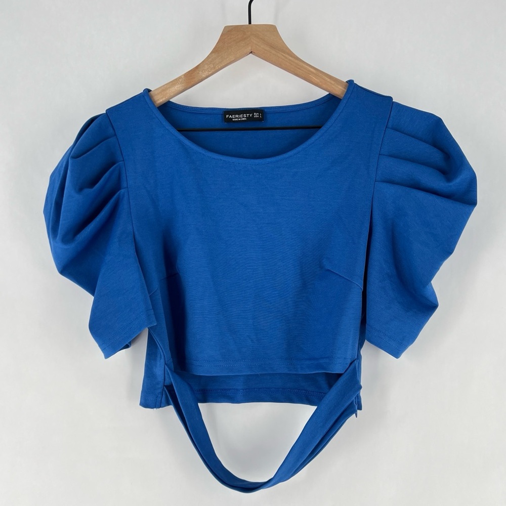 Faeriesty Womens Size‎ L Blue Puff Shoulder Cutout Waist Scoop Neck Crop Top